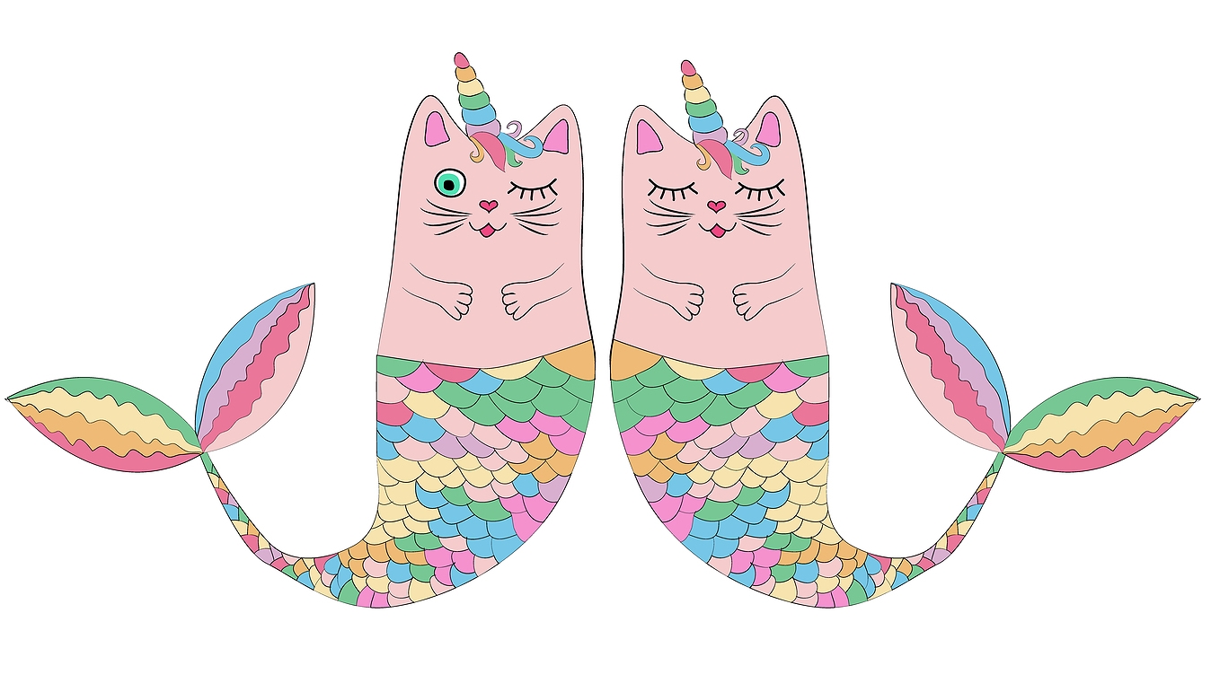 Cute Cat Unicorn, Mermaid. Set Of Decorative Elements, Trendy Patches, Stickers.